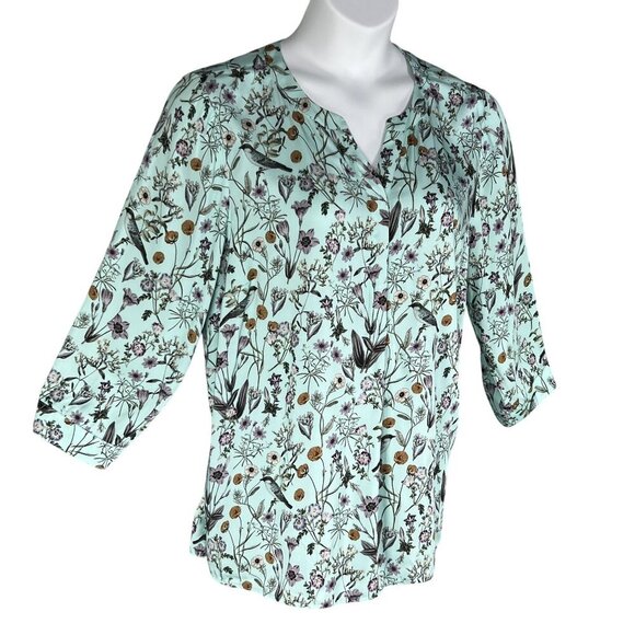 J Jill Womens L Seafoam Botanical Bird Floral Print Top 3/4 Sleeve Blouse Silky - Picture 4 of 16